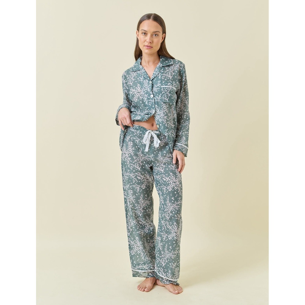 Papinelle Green Floral Cheri Blossom 100% Cotton Full Length Pajamas Set Size M